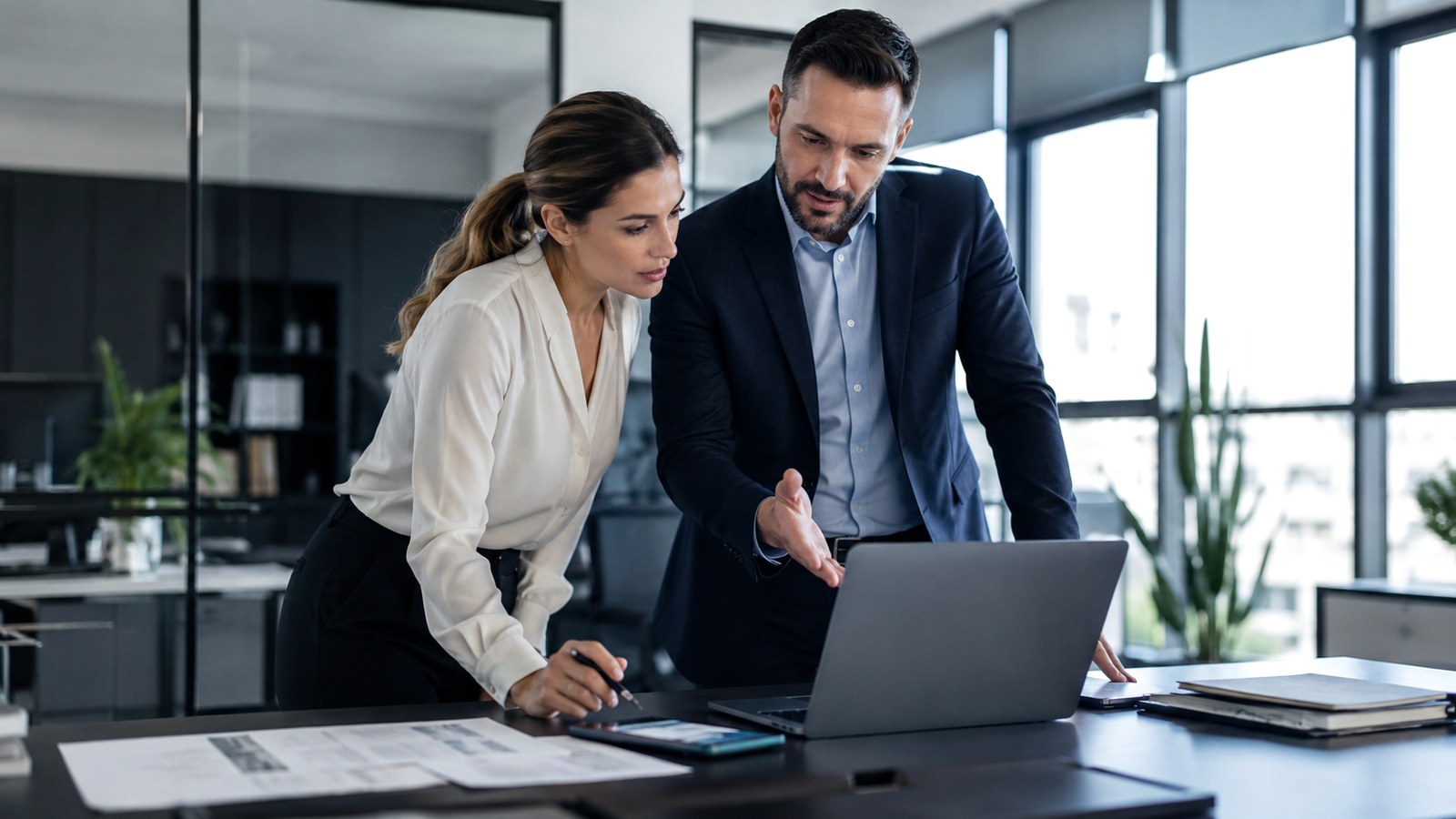 Professionnels analysant des documents dans un bureau